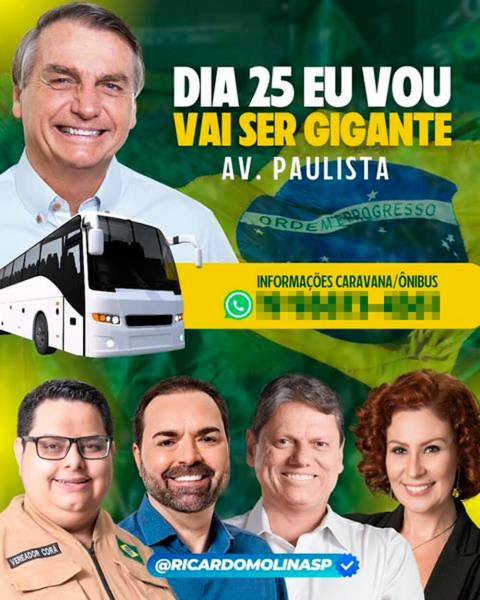 Banner de convocação para o ato pró-Bolsonaro com as fotos de Felipe Corá, Ricardo Molina, Tarcísio de Freitas e Carla Zambelli, respectivamente