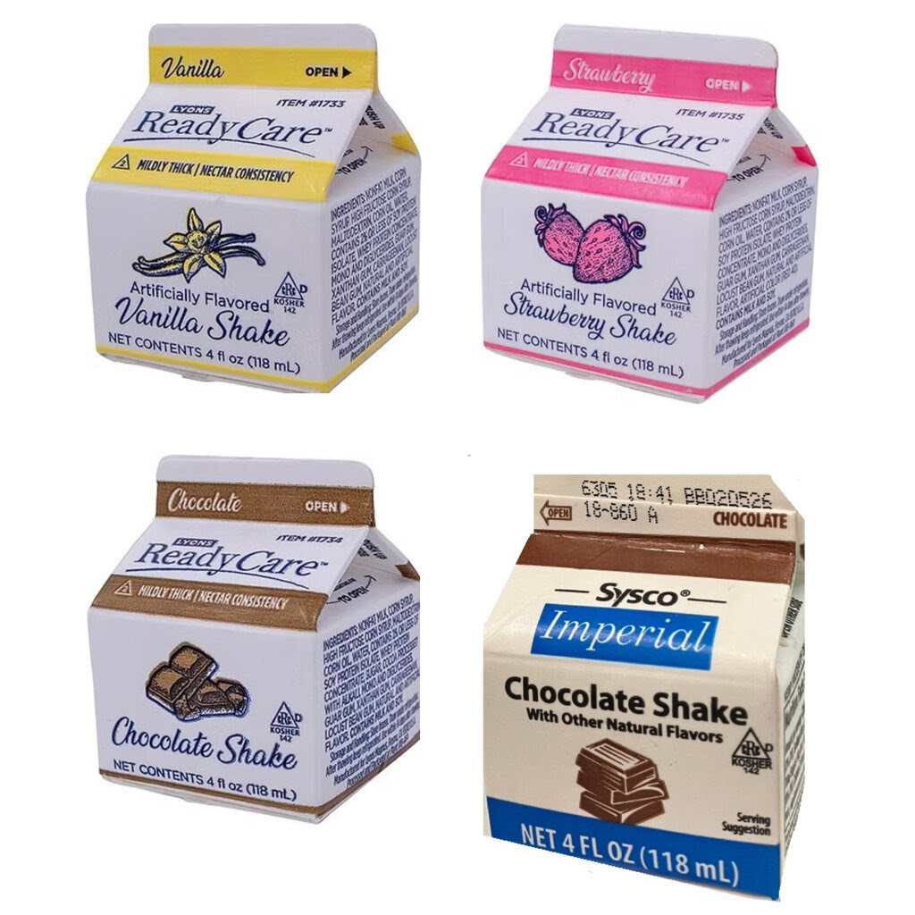 A selection of cartons of Lyons ReadyCare and Sysco Imperial frozen shakes in different flavors. 