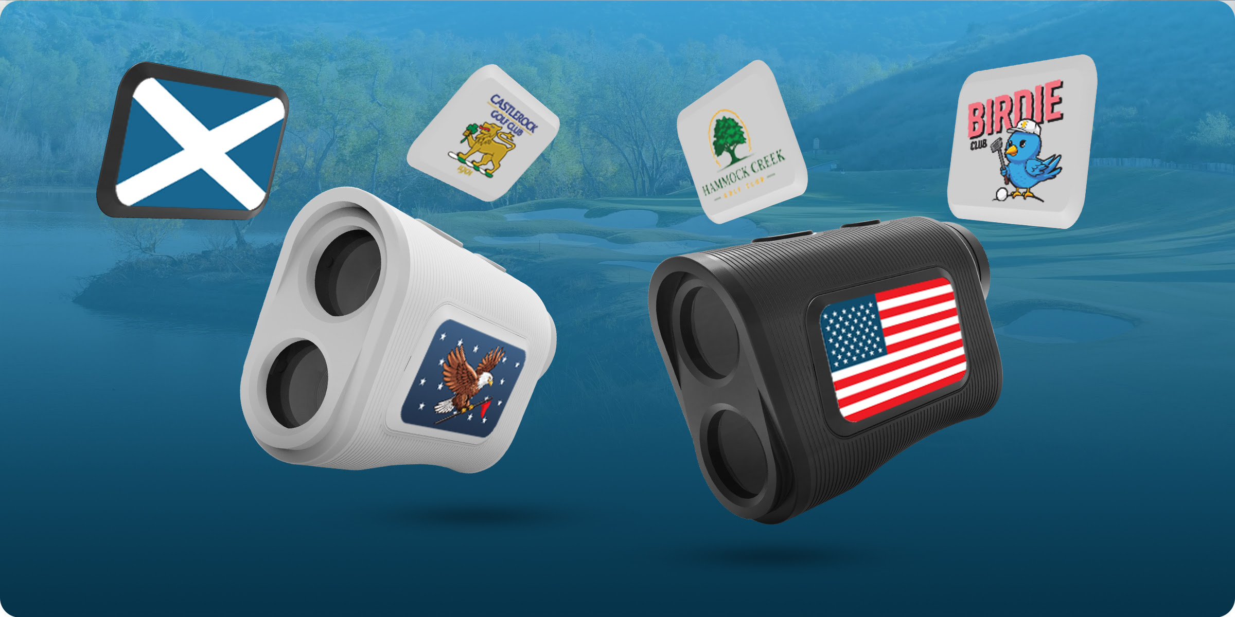 A pair of binoculars with flags flyingDescription automatically generated