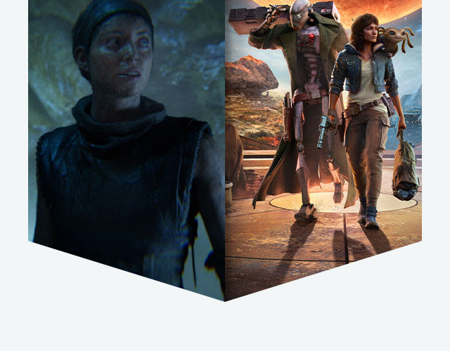 Split vertical bars of art showcasing Senua in Senua's Saga: Hellblade II and key art for Star Wars Outlaws.