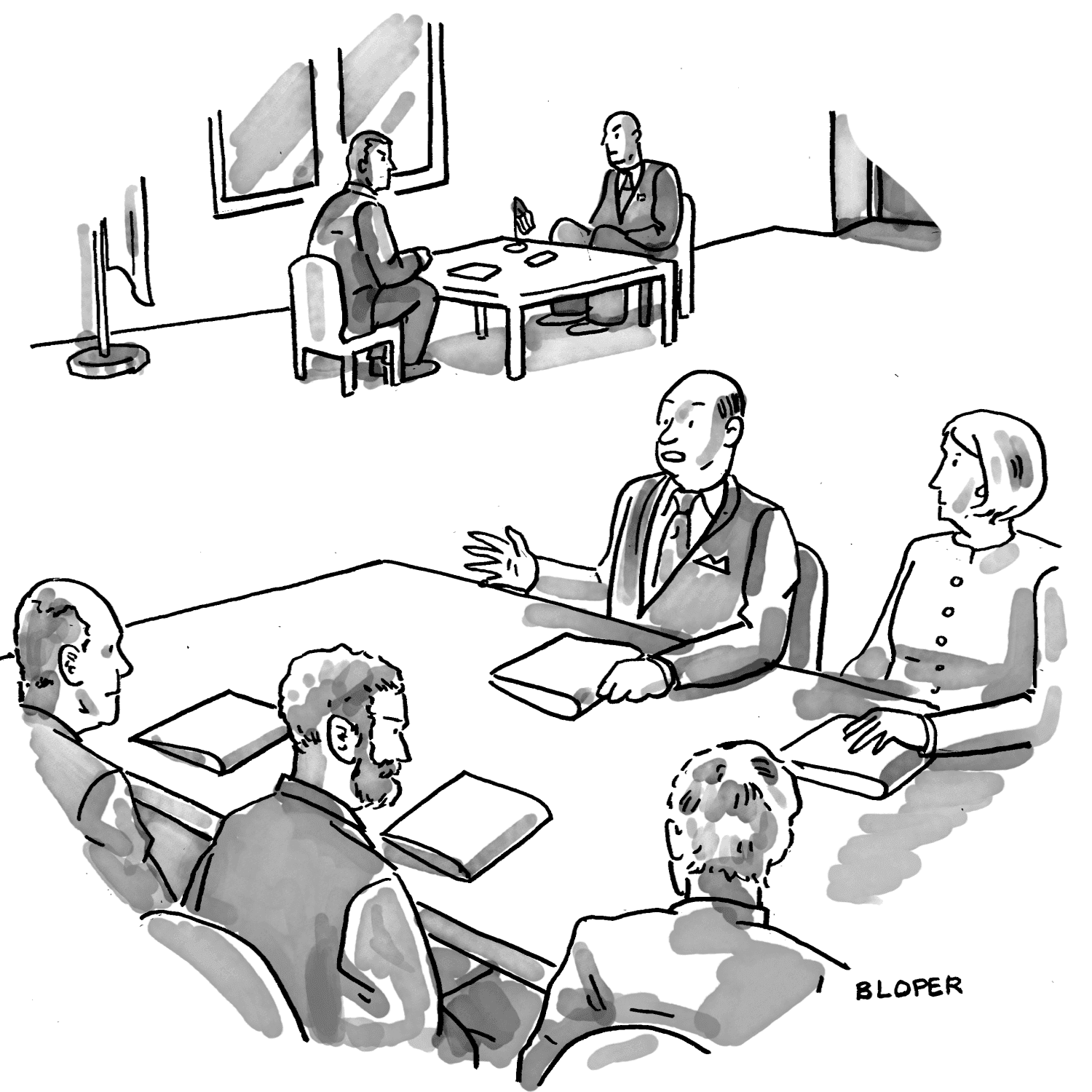People sit at a conference table with booklets in front of them. In the corner is a child-size table at which two adults are seated.
