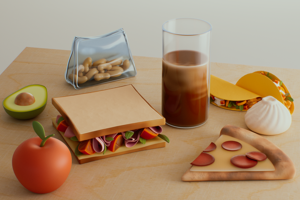 A 3D illustration of various foods: avocado, cashews, apple, sandwich, iced coffee, pizza, steamed bun and tacos. 