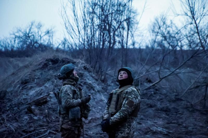 Ukrainian soldiers monitoring the sky near Bakhmut, March 2024