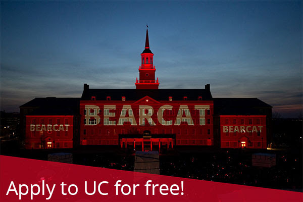 Building on Cincinnati's campus lit up to say Bearcat and a banner over the image reads Apply to UC for free!