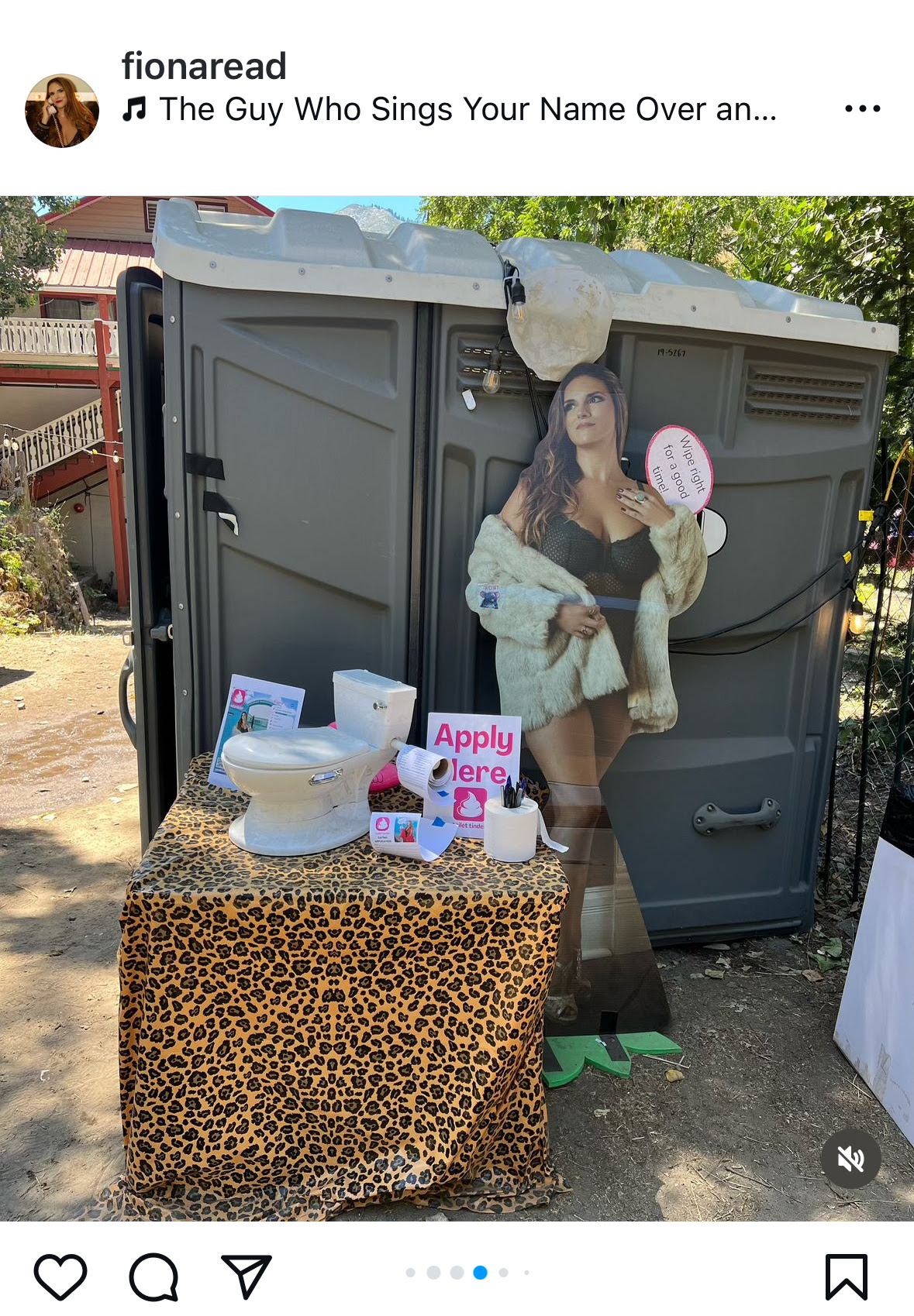 photo of a porta-potty with a large cutout of a women with a sign