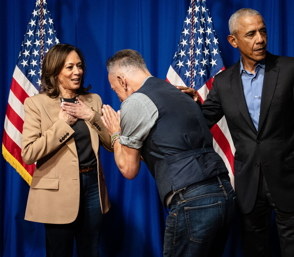 Kamala Harris with Bruce Springsteen, offering her a bow with palms in front, and Barack Obama backstage.