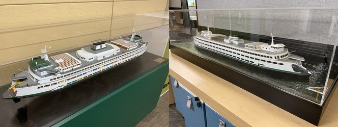 Side-by-side photos of a model ferry in an office