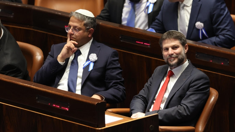 epa12168028 (FILE) - Israeli right wing Knesset member Itamar ben Gvir (L) and Bezalel Smotrich (R) during the swearing inceremony of the new Israeli Parliament, the 25th Knesset in Jerusalem, 15 November 2022. Foreign Ministers of UK, Australia, Canada, New Zealand and Norway released a joint statement 10 June 2025 on measures targeting Itamar Ben-Gvir and Bezalel Smotrich, involving a travel ban and the freezing of assets, over comments they made on Gaza. EPA/ABIR SULTAN / POOL