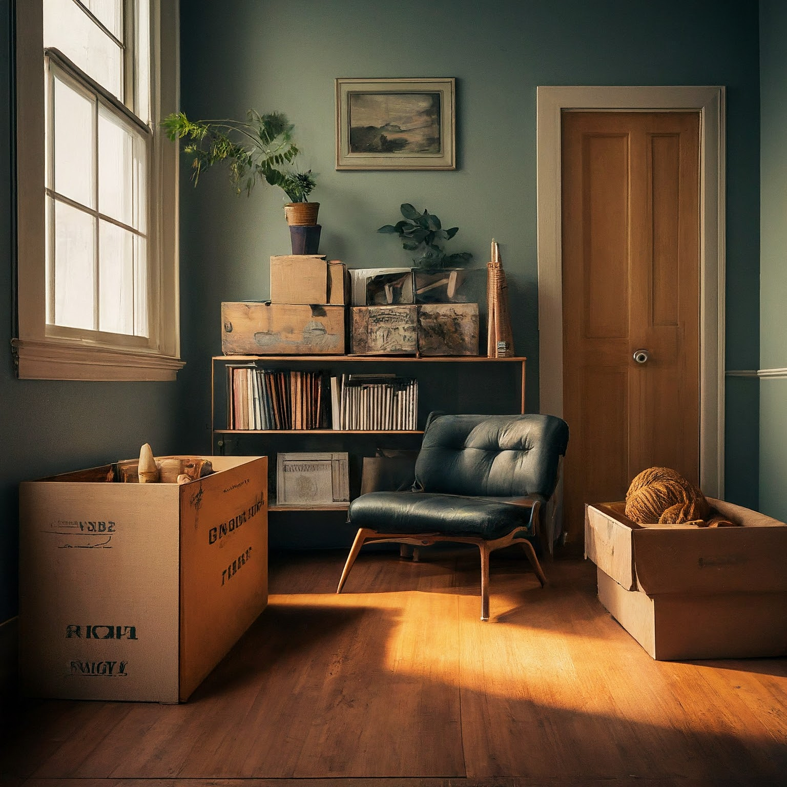 Show a neat and tidy room with boxes that were sorted by keep, discard, donate