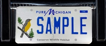 a sample Michigan license plate, white with blue lettering saying Pure Michigan, Conserve Wildlife Habitat, and picture of a yellow Kirtland's warbler