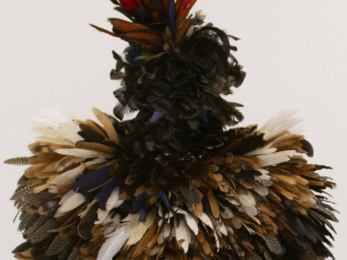 imagem de manto feito com penas brancas, marrons, azuis, vermelhas e pretas com bolinhas brancas