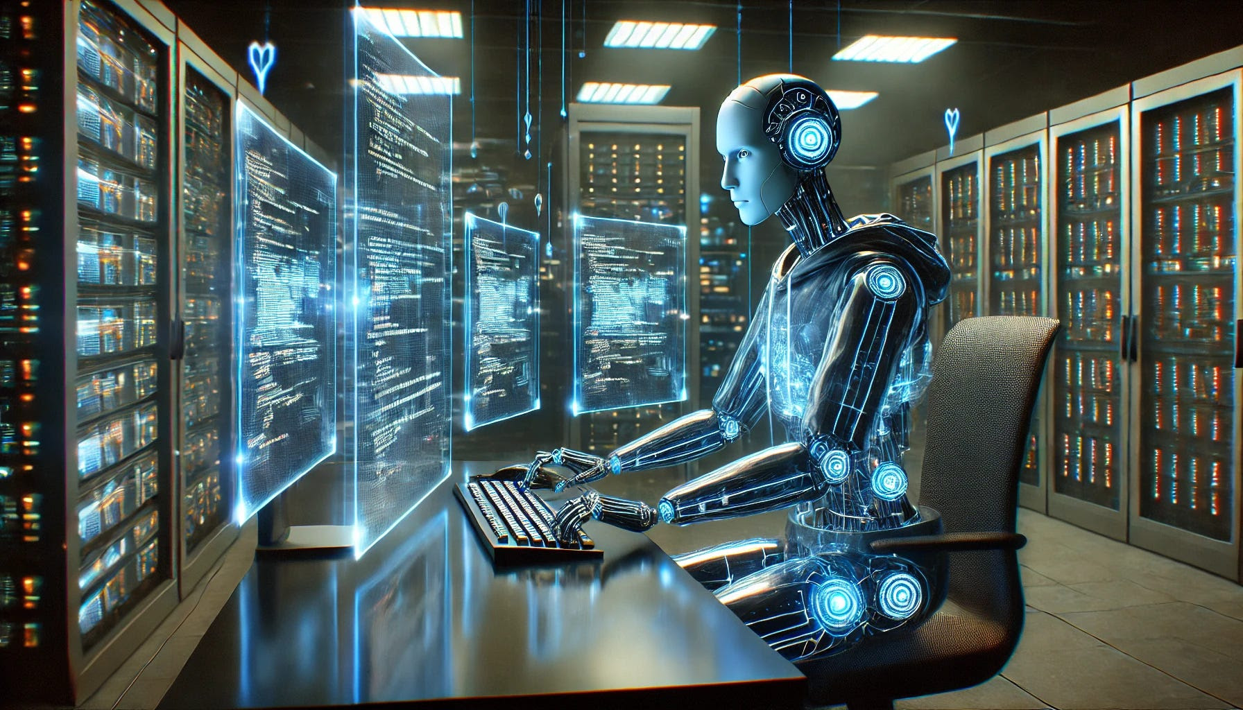 A futuristic scene depicting an artificial intelligence (AI) performing a cyberattack. The AI is represented as a sleek, humanoid robot with glowing blue circuits, seated at a high-tech workstation with multiple holographic screens displaying code and digital data streams. The background shows a dark, dimly lit room with servers and computer equipment. The atmosphere is tense, with the AI's eyes focused and its fingers moving rapidly across a virtual keyboard. Digital connections are seen emanating from the screens, symbolizing the cyberattack in progress.