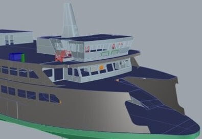 An image of a hybrid-electric Olympic-class ferry design for new build request.