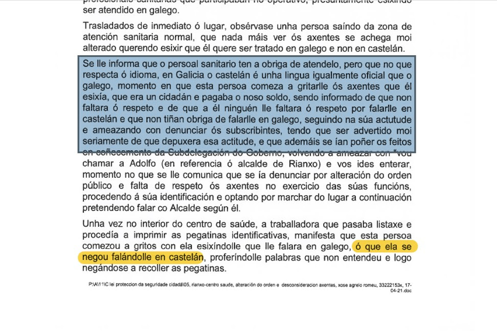 Extracto da denuncia, do que se infire que a Policía Local de Rianxo omitiu informar verazmente un cidadán sobre o deber legal do empregado público de “garantir a atención aos cidadáns na lingua oficial” da súa escolla (artigo 74, apartado s) da Lei 2/2015 de 29 de abril, do emprego público de Galiza. Artigo 54, apartado 11, da Lei Básica do Funcionario Público.