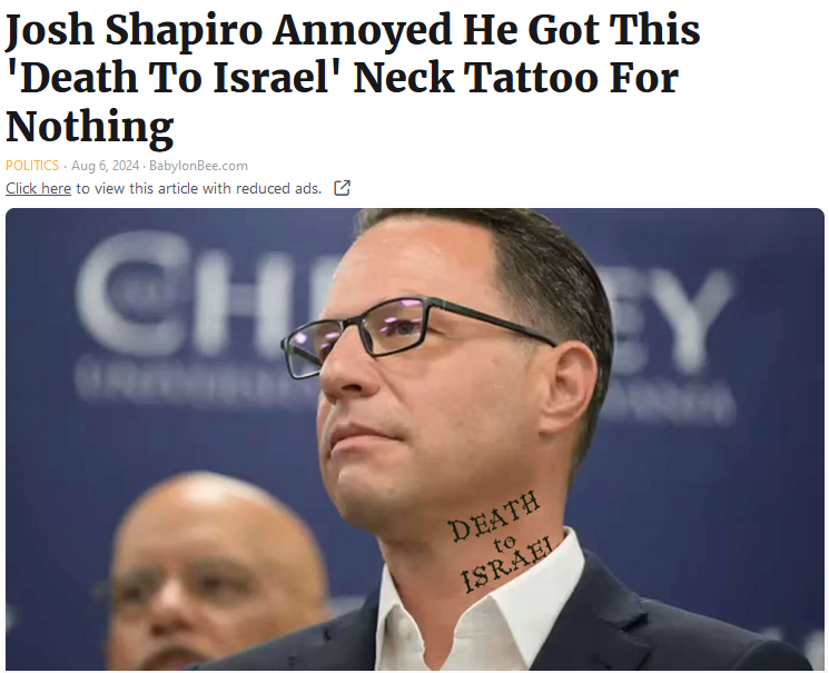 Meme shows Josh Shapiro with "Death to Isreal" tattoo.