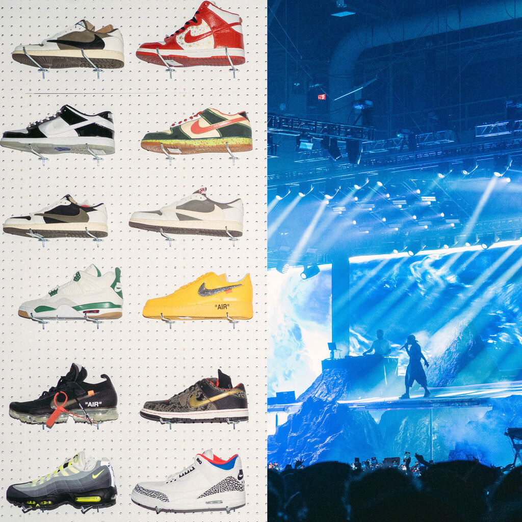 A split image, showing brightly colored sneakers along a wall on the left, and a concert on the right.