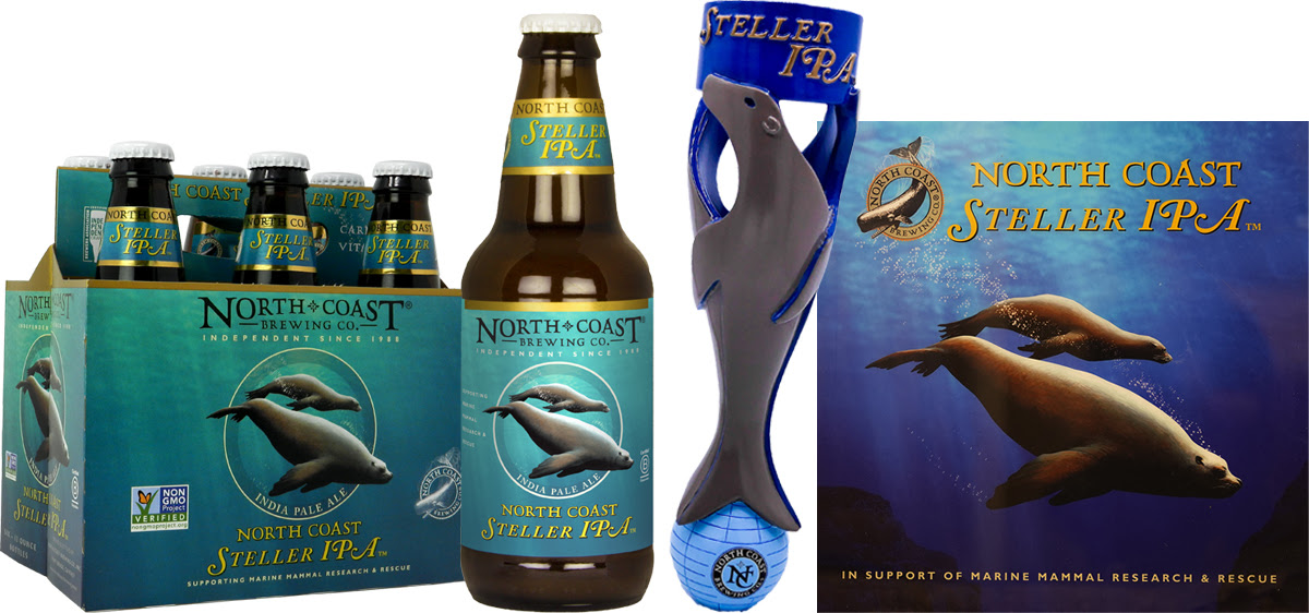 North Coast Steller IPA 6 Pack, single 12oz bottle, tap handle and LED sign on a white background.