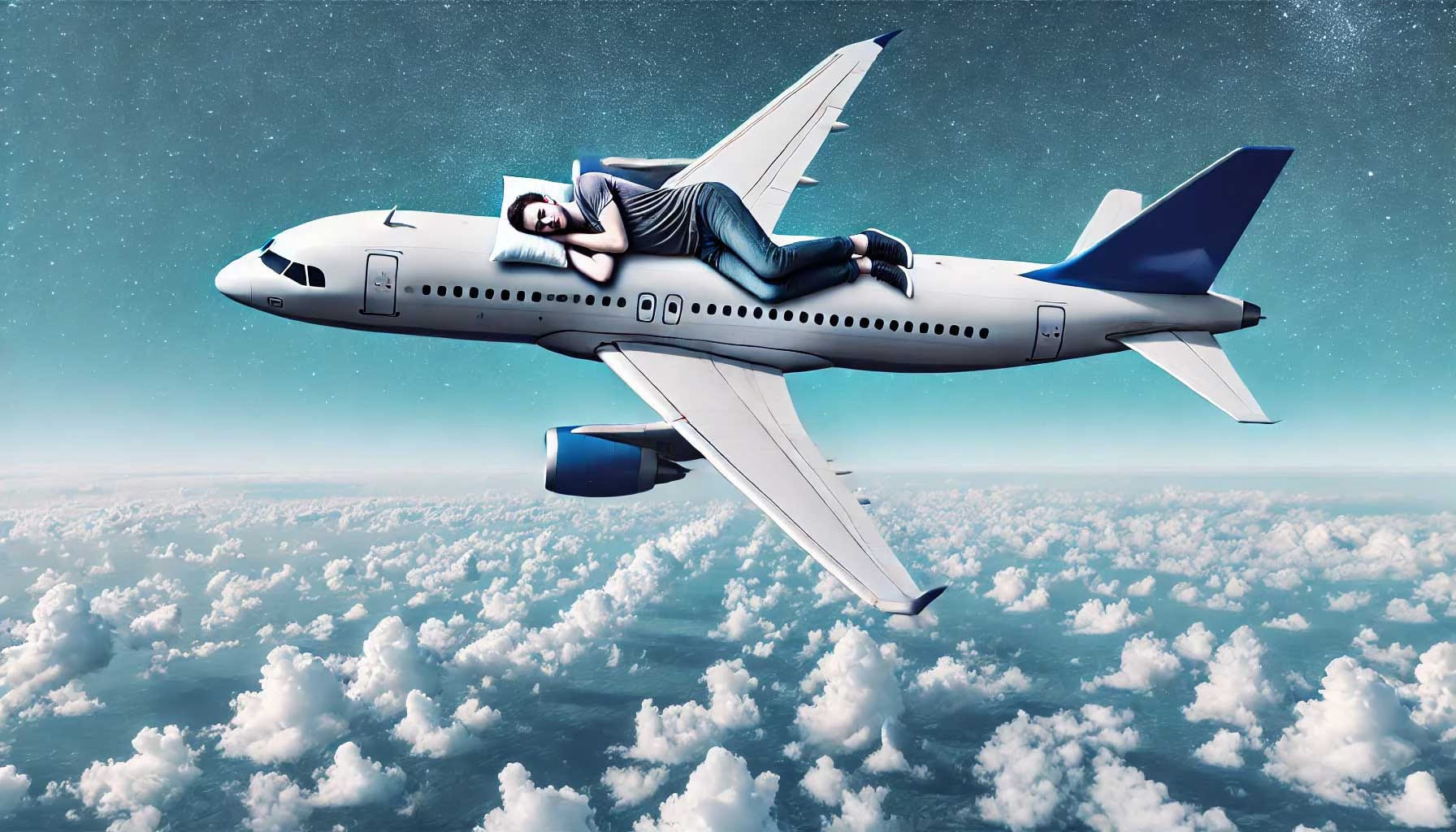 Generated image of man sleeping on top of an airplane that is inflight set against a blue sky.