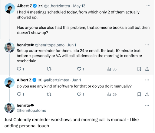 Screenshot of a threaded social media conversation between Albert Z and henrito. They are discussing how arranged meetings are poorly attended and how Calendly reminder workflows are used to make this better.