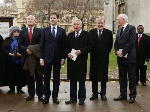 Lord Ashdown, Nick Clegg, Lord Steel, Charles Kennedy and Sir Menzies Campbell at Thorpe's funeral in 2014