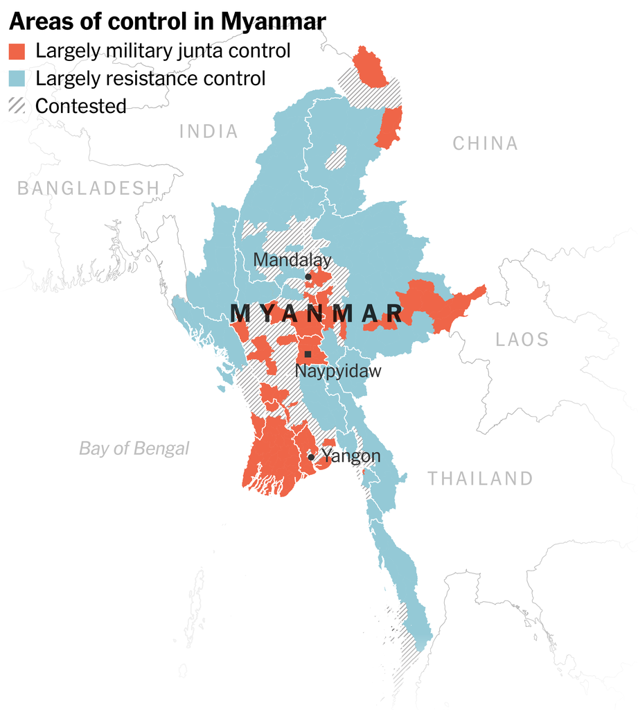 A map of Myanmar shows which parts of the country are largely under military control or resistance control. The resistance now controls more than half of Myanmar’s territory.