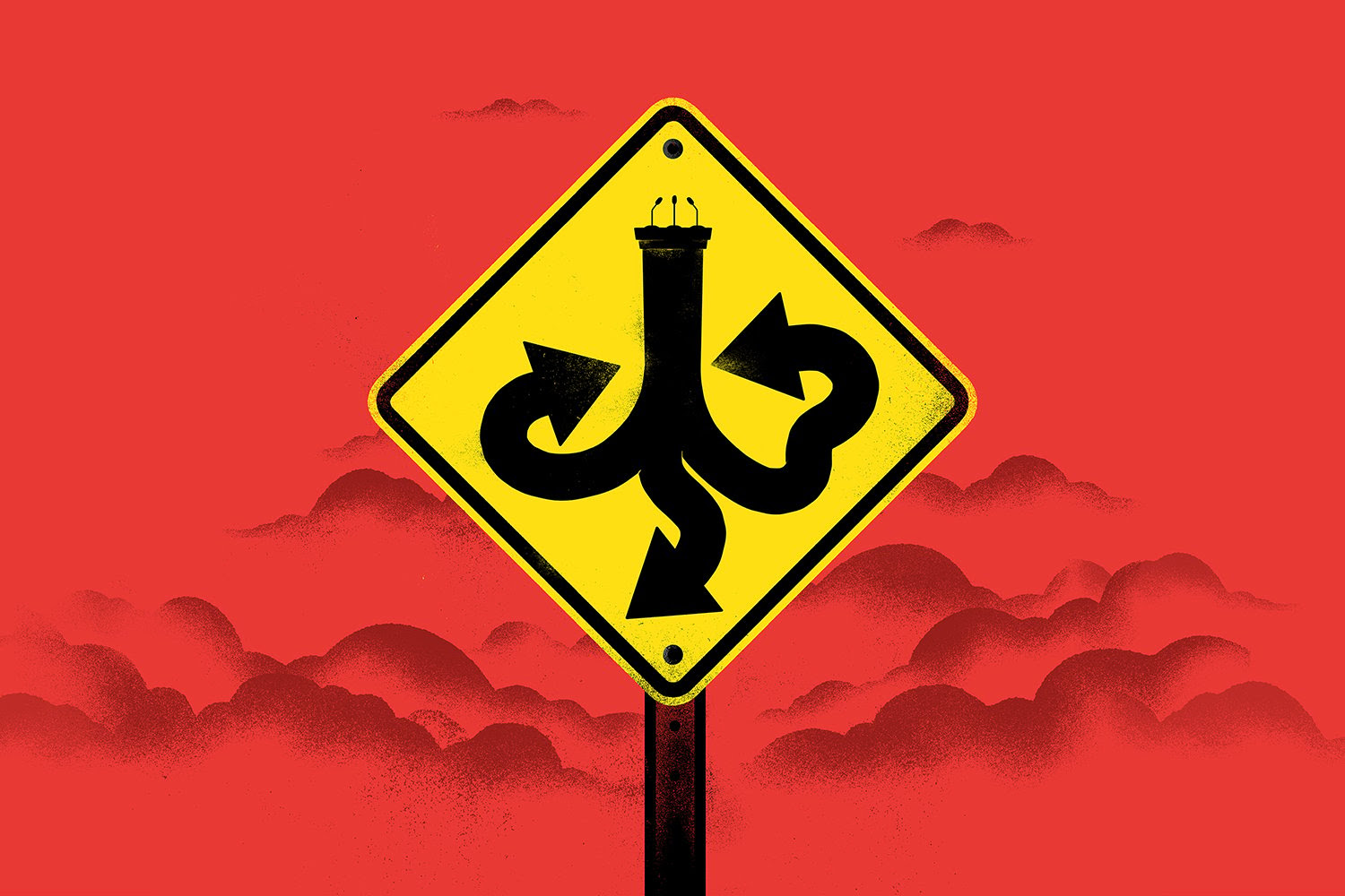 An illustration shows a road sign with a podium symbol becoming a series of arrows pointing in many directions against a red background with clouds gathering.