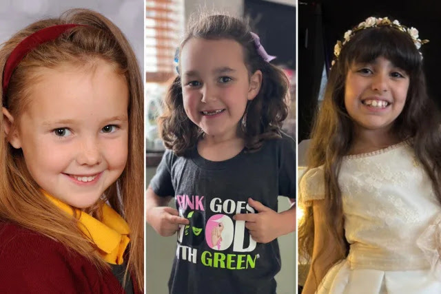 (L-R) Elsie Dot Stancombe, seven, Bebe King, six, and Alice Dasilva Aguiar, nine, have been named as the victims of the Southport stabbing. (PA)