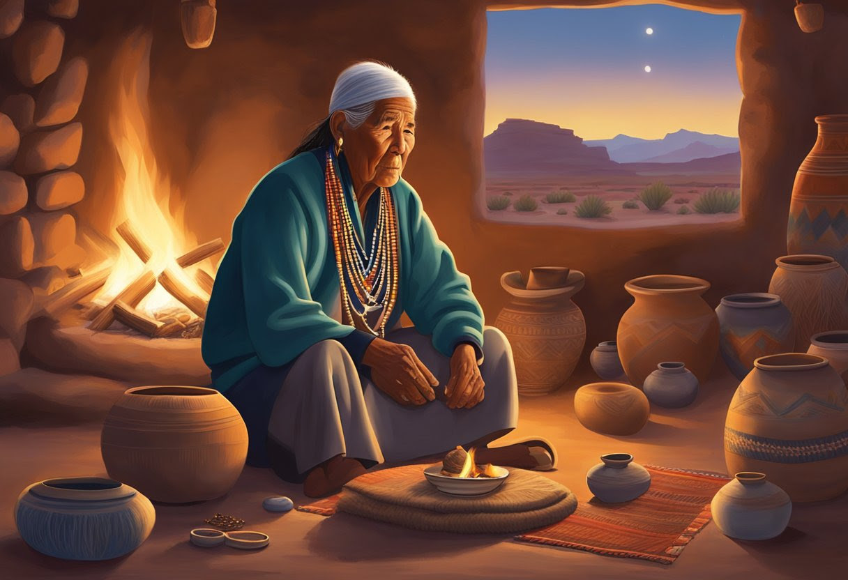 A Navajo elder sits by a crackling fire, surrounded by traditional pottery, rugs, and jewelry. The soft glow of the fire illuminates the room as the elder speaks in the Navajo language