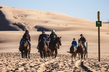 Horses and their riders traverse sunny, sandy shores at Silver Lake.