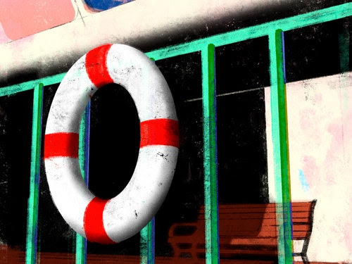 An illustration of a green railing with a red-and-white life ring hanging on the side.