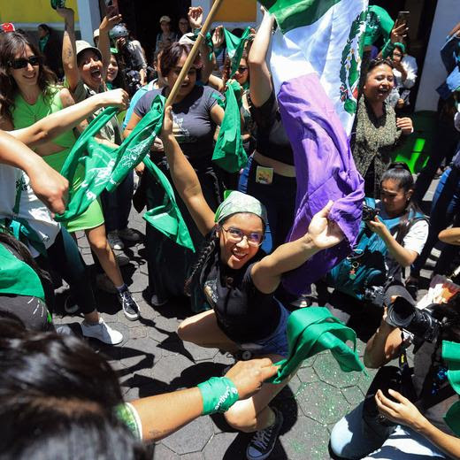 Members of feminist organizations celebrate the approval of the decriminalization of abortion in the City of Puebla, State of Puebla, Mexico on July 15, 2024. . The Congress of Puebla approved with 29 votes in favor, 7 against and 4 abstentions the interruption of pregnancy after the twelfth week of gestation. (Photo by DANIELA PORTILLO / AFP)