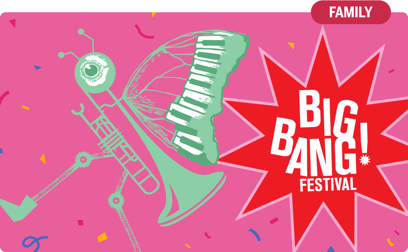 A musical creature appears in green on a bright pink background, alongside the BIG BANG logo. 
