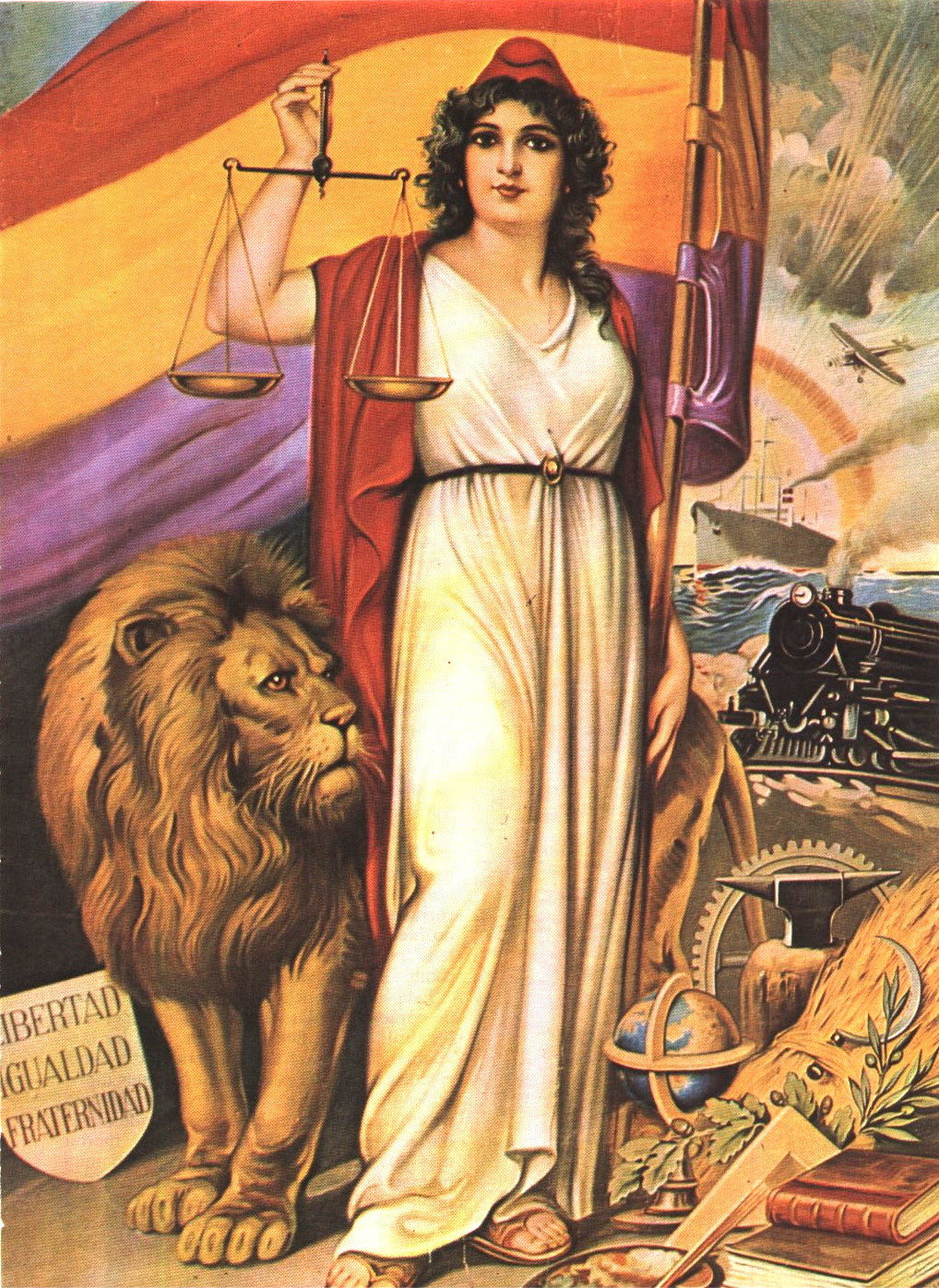 This painting shows a woman wearing white and red and a Phrygian cap, and holding a scales. To her right is a lion. Written on a stone in the bottom right corner is the motto Liberty, Equality, and Fraternity in Spanish.