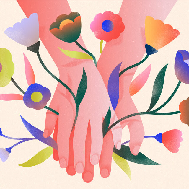 An illustration of a person’s hand resting palm down atop another person’s hand. Colorful flowers are fanning out from the fingers. 