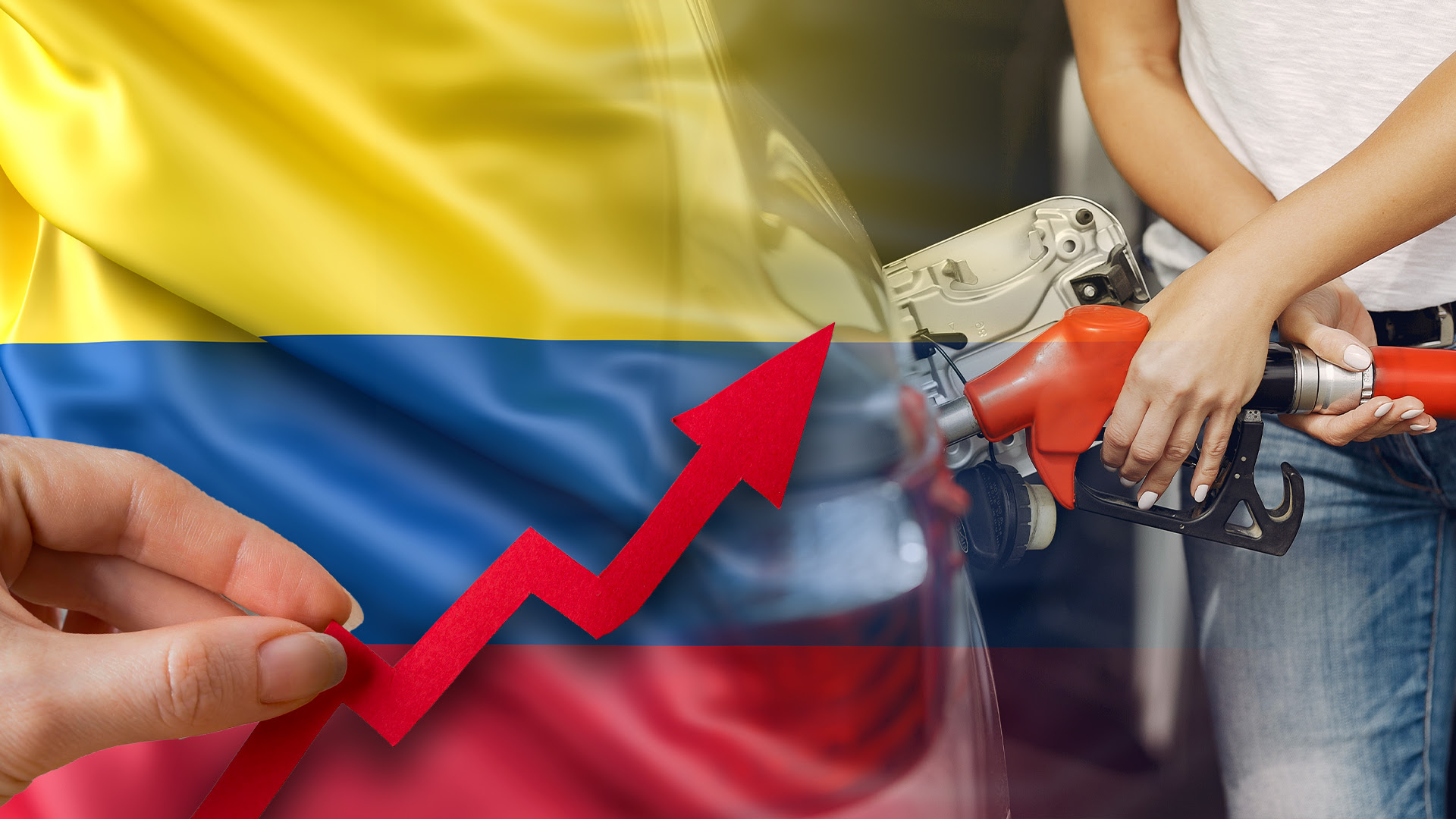 La imagen muestra una combinación de elementos visuales relacionados con el aumento de precios del combustible en Colombia. En el fondo, se aprecia la bandera de Colombia. En primer plano, se observa una mano sosteniendo una flecha roja apuntando hacia arriba, que simboliza el incremento de precios. A la derecha, una persona está llenando el tanque de un vehículo con gasolina utilizando una manguera roja.