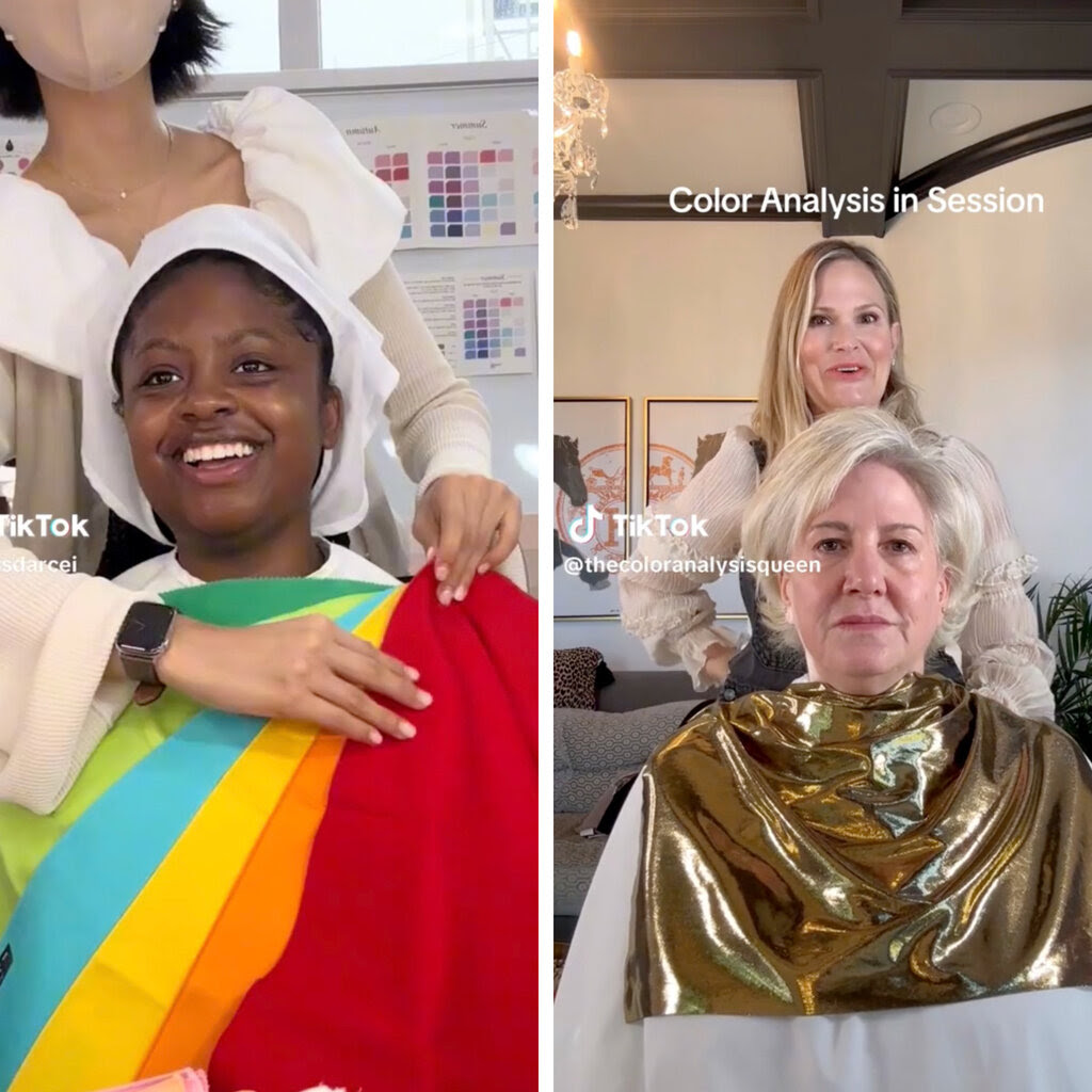 A diptych featuring two stills from TikTok videos. In one, a young woman whose hair is covered with a white cloth smiles as six brightly colored fabric swatches are splayed in front of her chest. In the other, an older woman sits as if in a hairdresser’s chair with shimmering gold fabric draped over her shoulders like a bib by another woman standing behind her.