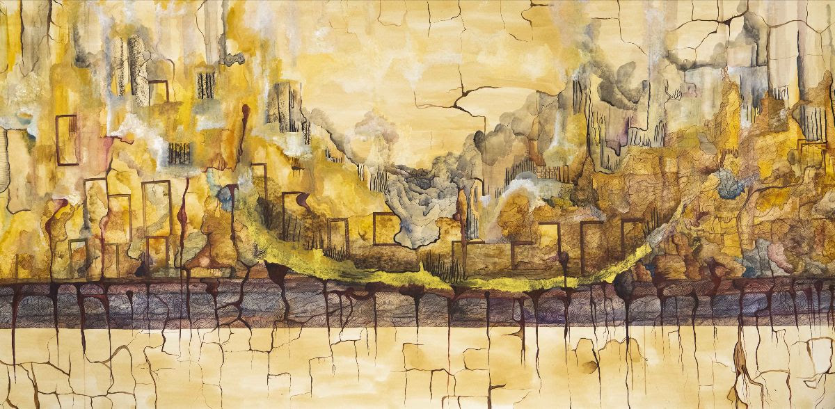 Roots by Hina Khan depicts a brown and yellow landscape, beneath which stretch cracks in the paper, resembling roots.