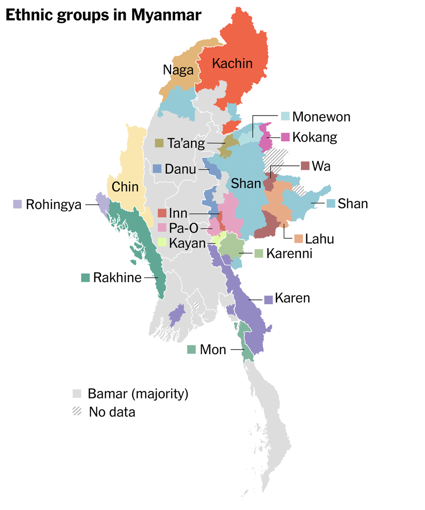 A map of Myanmar shows how the country is split up into many ethnic groups. Officially, 135 ethnic groups live in the country, and practically the only thing they agree on is that this figure is wrong.