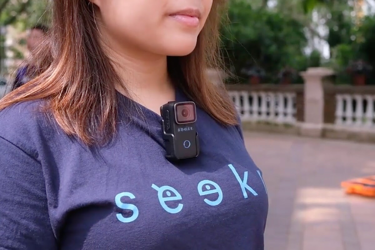 The Seekr can be clipped to the user's clothing, so it takes in their view of the world