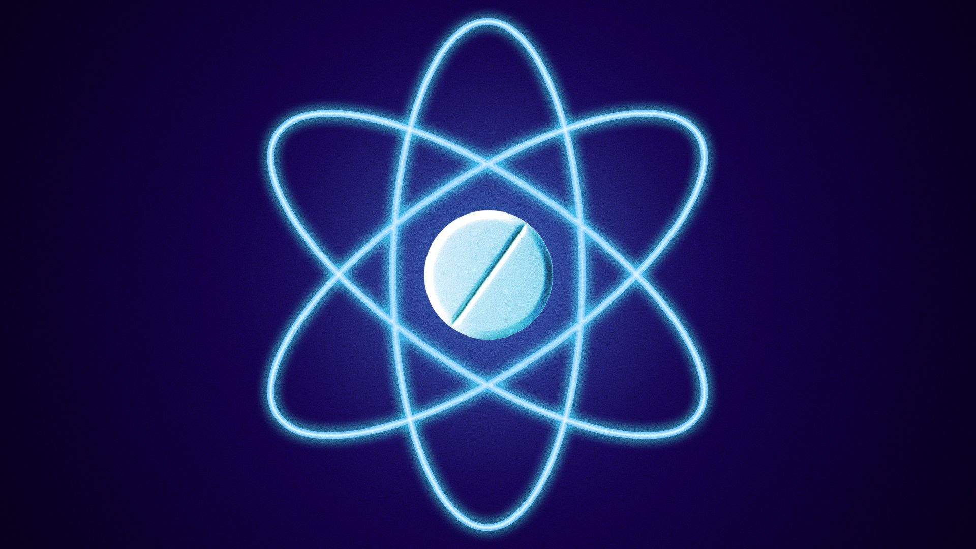 Illustration of a pill at the center of a quantum symbol.