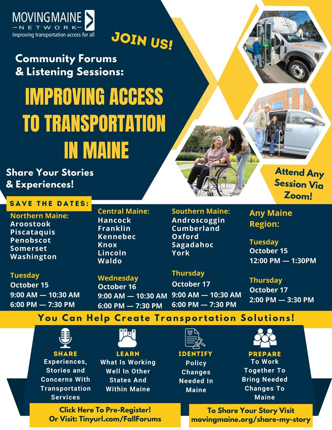 This is an infographic describing virtual forums scheduled to take place in October. The graphic is blue, yellow, and white. It contains three photos of people using transportation services including a bus, a van, and rolling using a wheelchair. All the information contained in this image is included as text below.