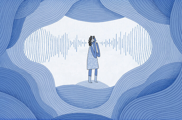 A blue and white illustration of a woman listening intently to audio on her earphones. Audio waves surround her.