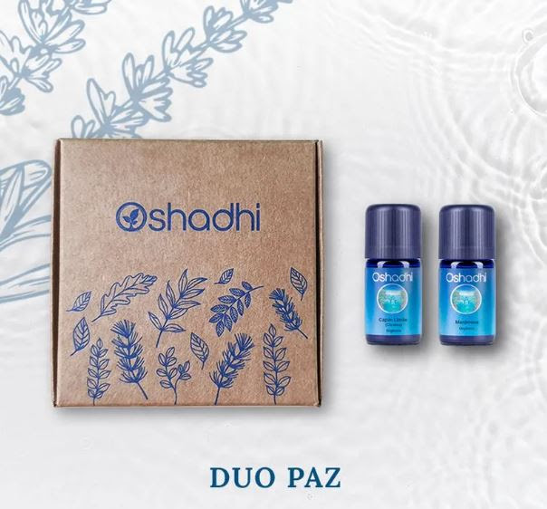 Duo Paz: Óleo Essencial de Manjerona Orgânico 5mL e Óleo Essencial de Capim Limão (Flexuosus) Orgânico 5mL. Preço loja Oshadhi: R$117,90.