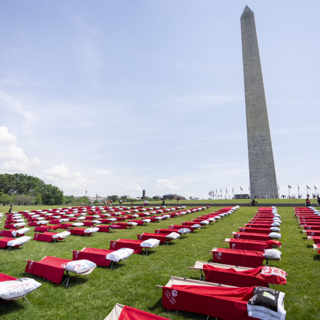 300 cots line up on the grass in front of the Washington Monument, under bright blue sky, as a part of an installation raising awareness for long COVID-19 -- first opinion coverage from STAT