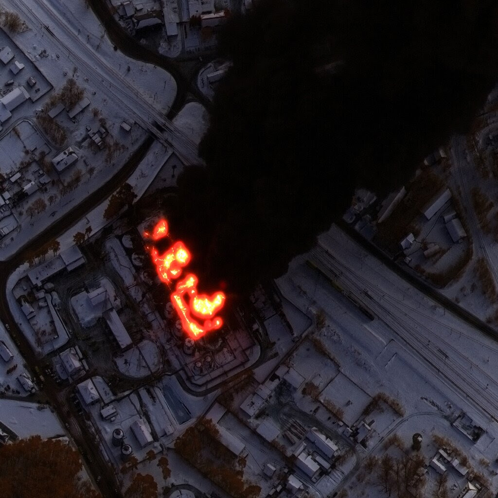 A satellite image that shows orange fire and dark smoke.