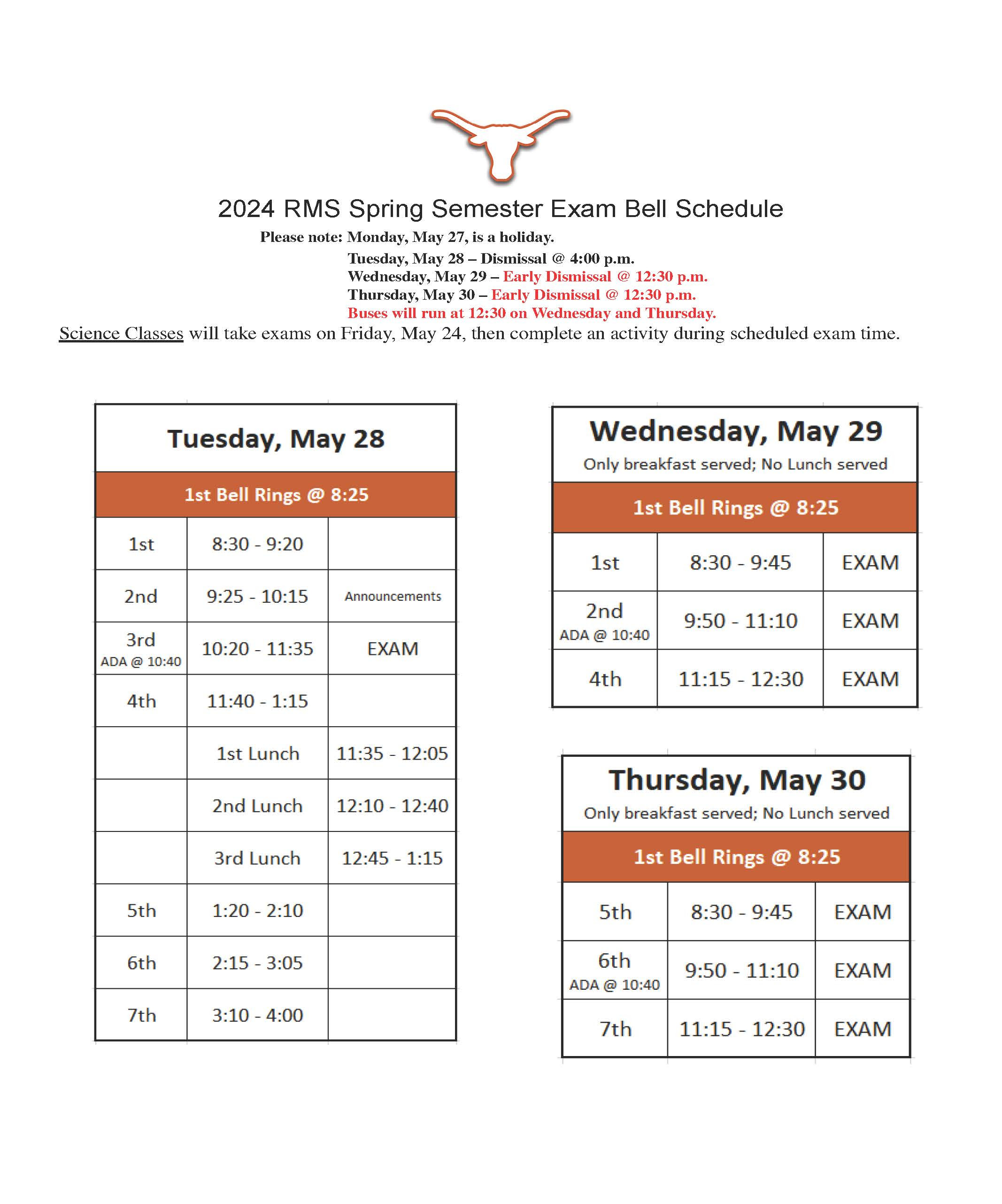 End of Year Bell and Testing Schedule