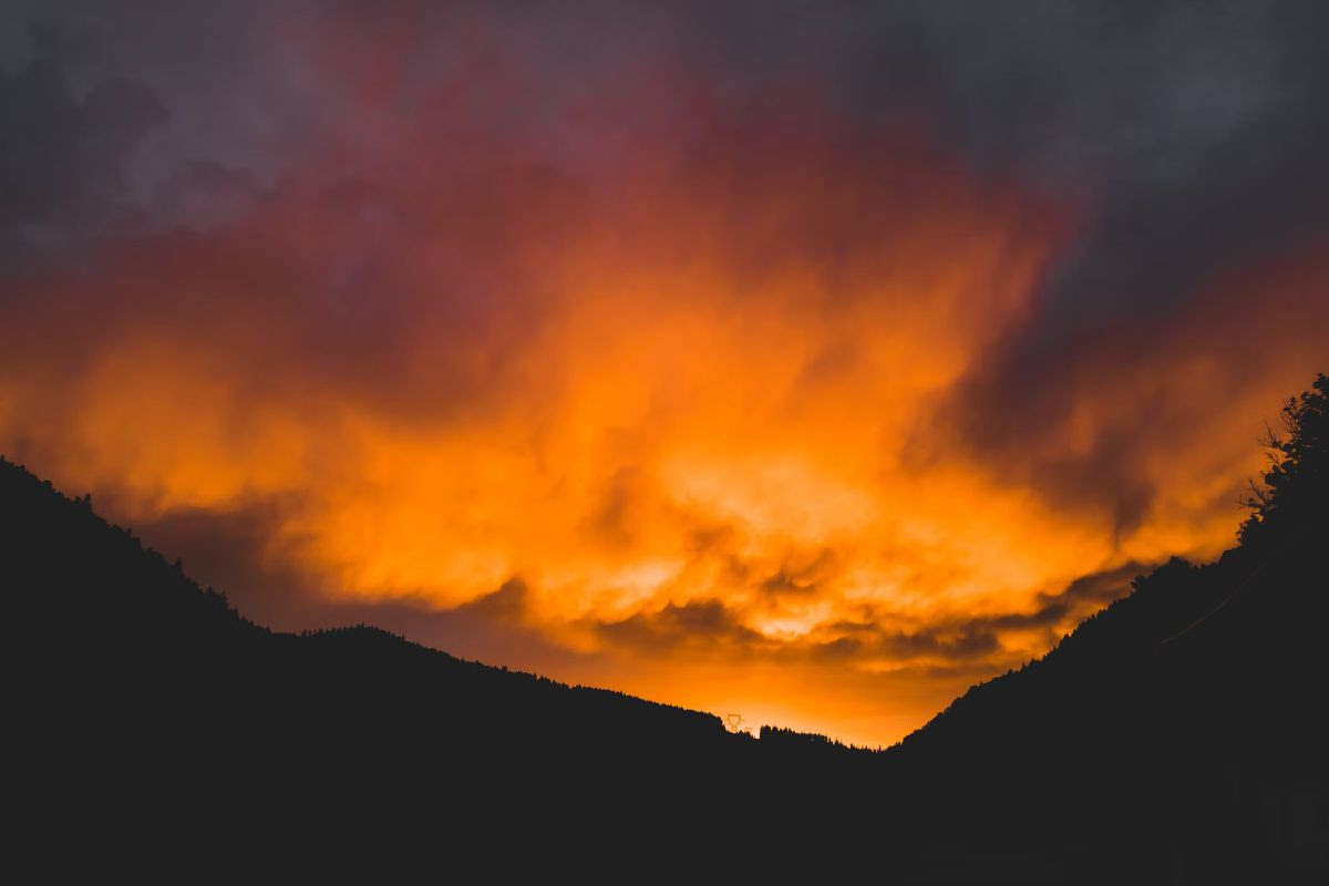 A cloudy, orange sunrise or sunset, with a dark silhouetted forest in the foreground.