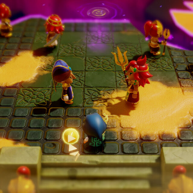 In a video game screenshot, a shrouded figure stands facing several other characters, one holding a large trident.