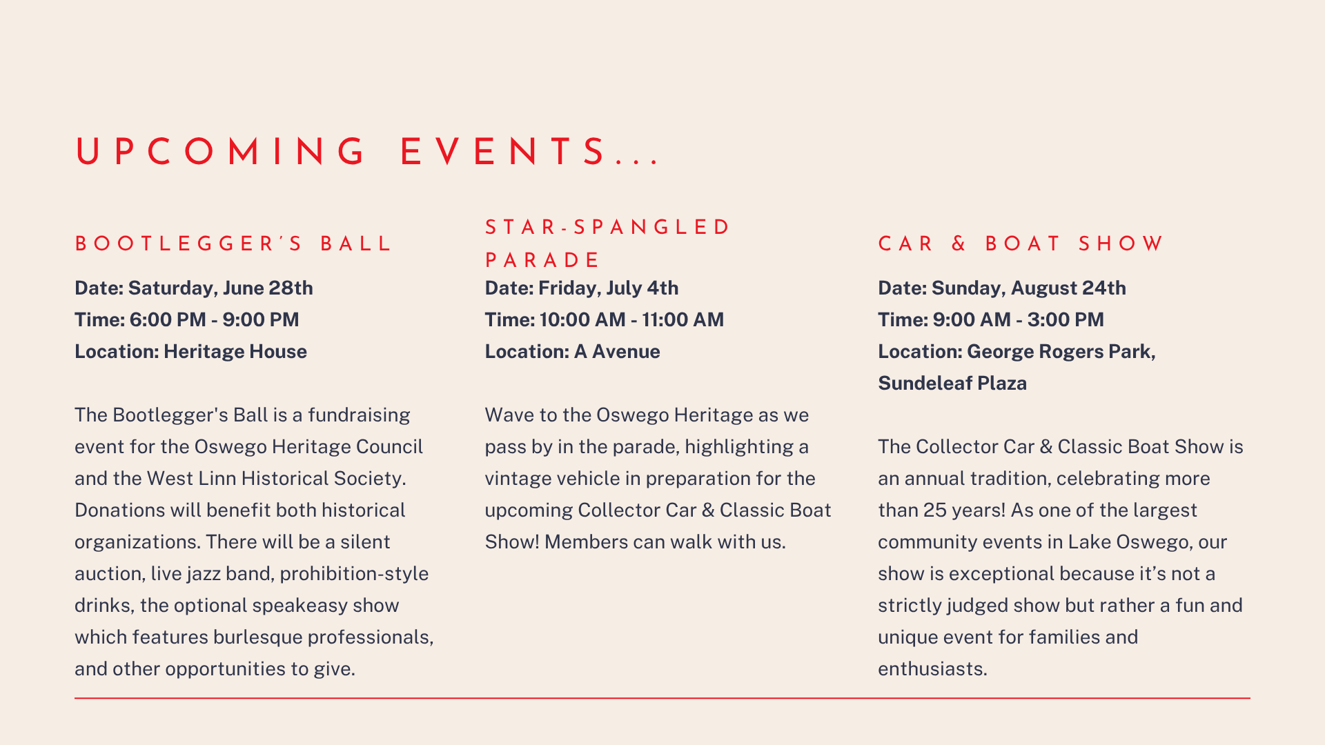 Upcoming events include bootlegger's ball, star-spangled parade, car and boat show 