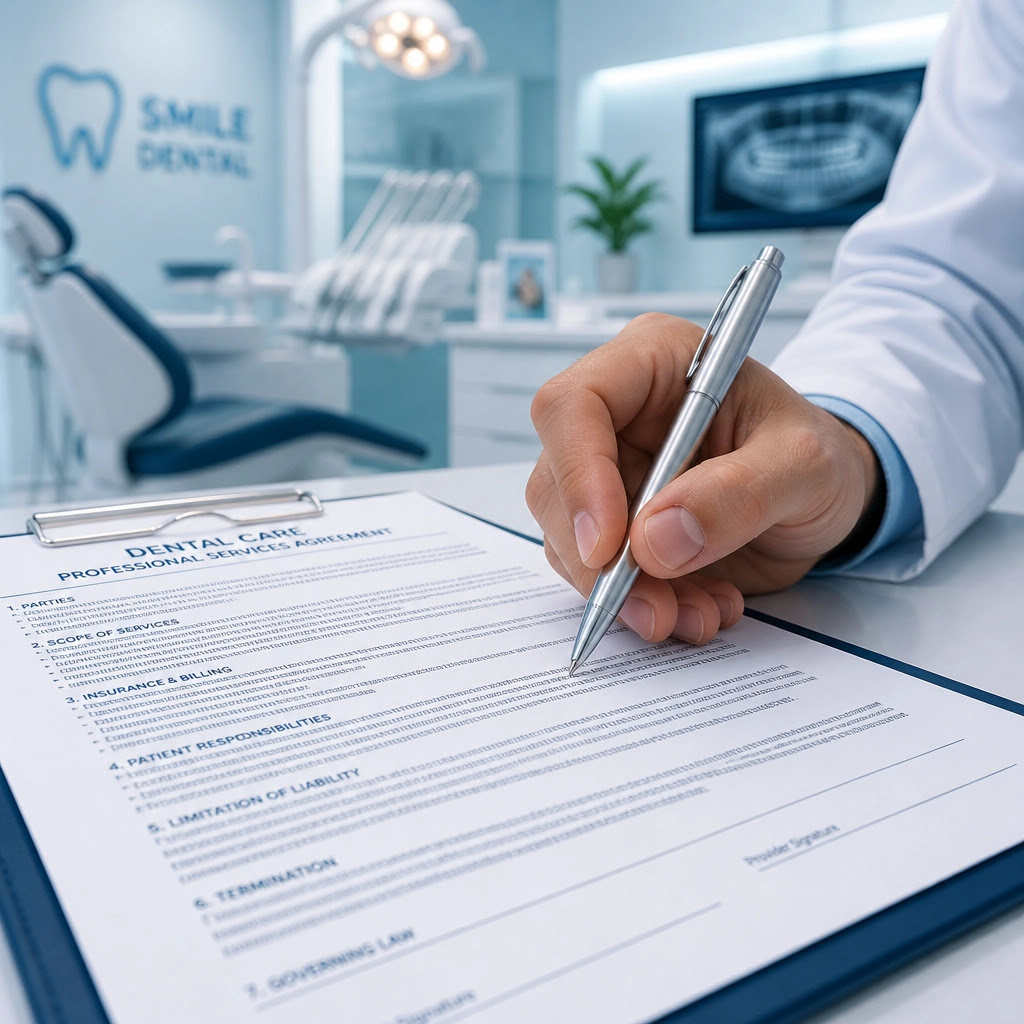 Hand with a pen over a dental insurance contract Hand with a pen over a dental insurance contract